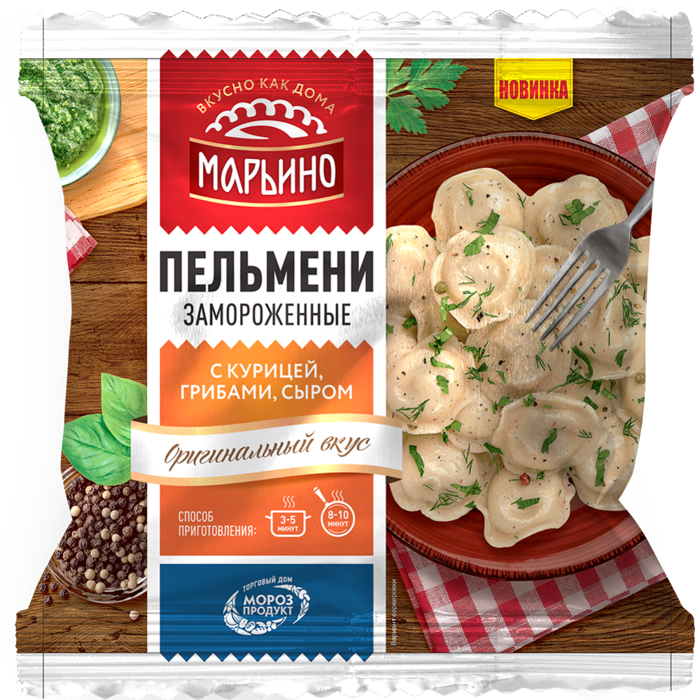 Пельмени «Марьино» с мясом цыпленка-бройлера, грибами, сыром, 400 г