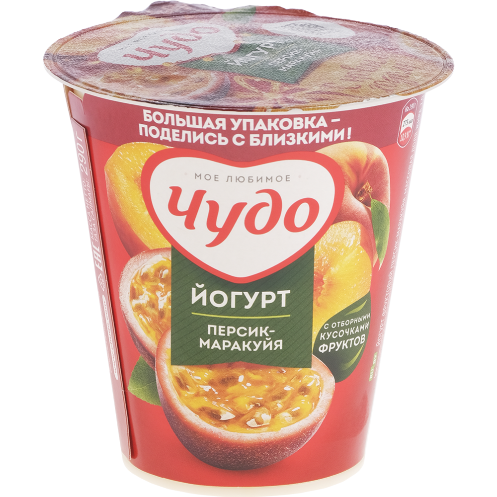 Йогурт «Чудо» персик, маракуя, 2%, 290 г